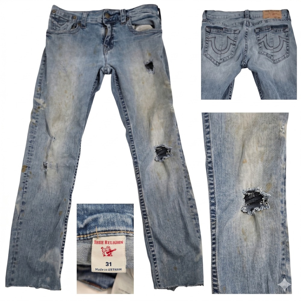True Religion Rocco Jeans Mens 31 Thrashed Paint Splat Relaxed Skinny Blue Denim